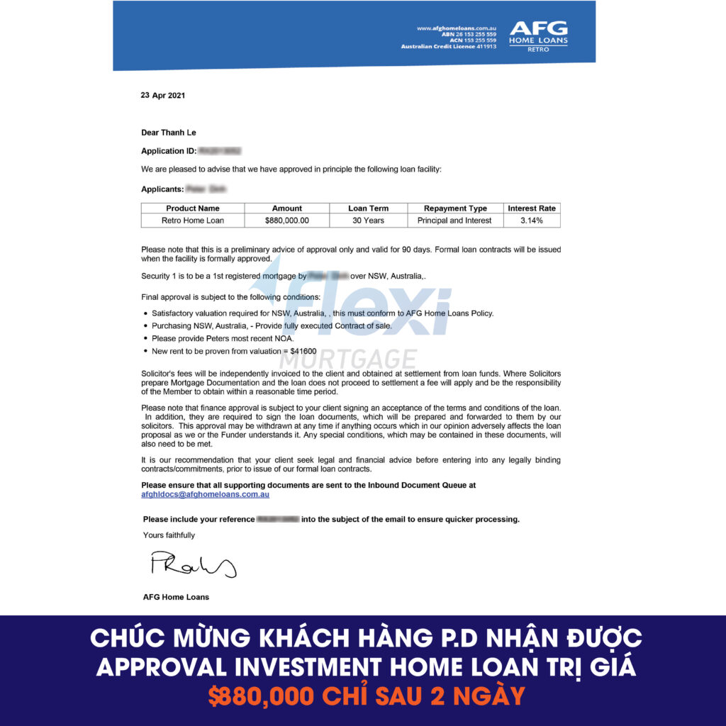 Chúc mừng khách hàng P.D nhận được approval investment home loan trị giá $880,000 chỉ trong 2 ngày